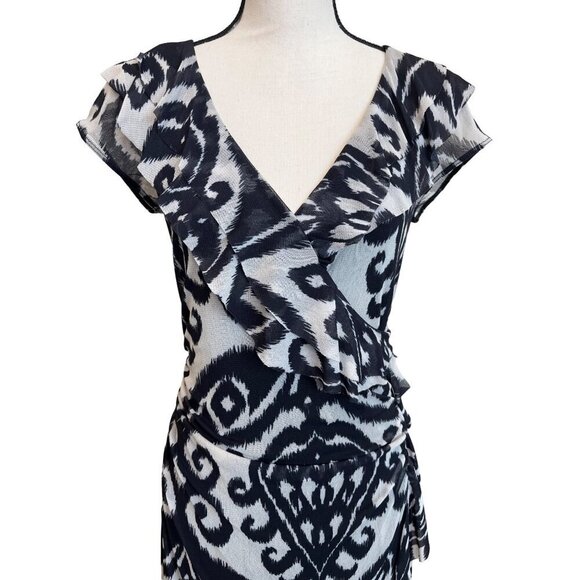 Anthropologie Weston Wear V-Neck Ruffle Dress Black & Gray Abstract Print Medium - Picture 4 of 9